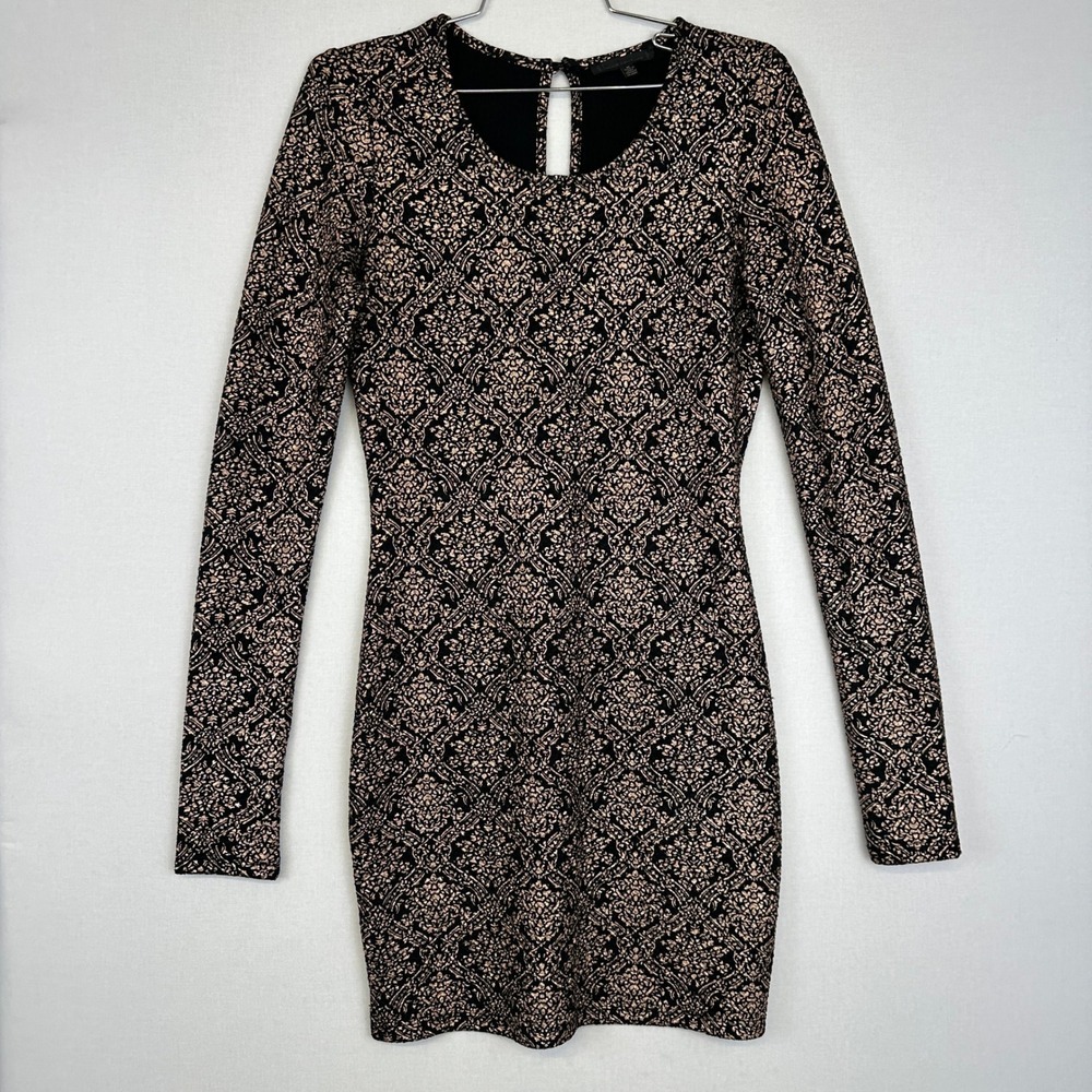 Lucca Couture Bodycon Dress Black Gold Print Long‎ Sleeve Women's M